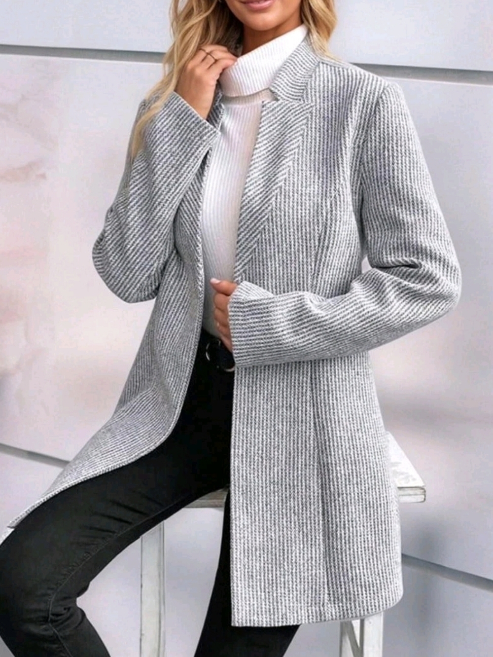 Grey Ribbed Single-Button Long Blazer Coat - Picture 4 of 12